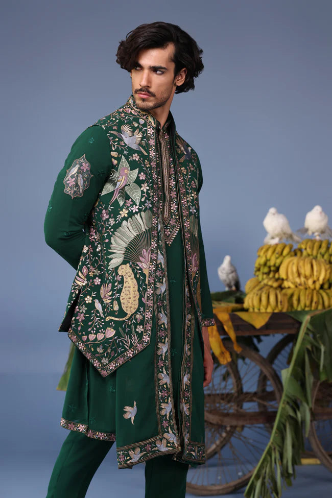 Azlaan Wild Grace Bottle Green Kurta Jacket Set