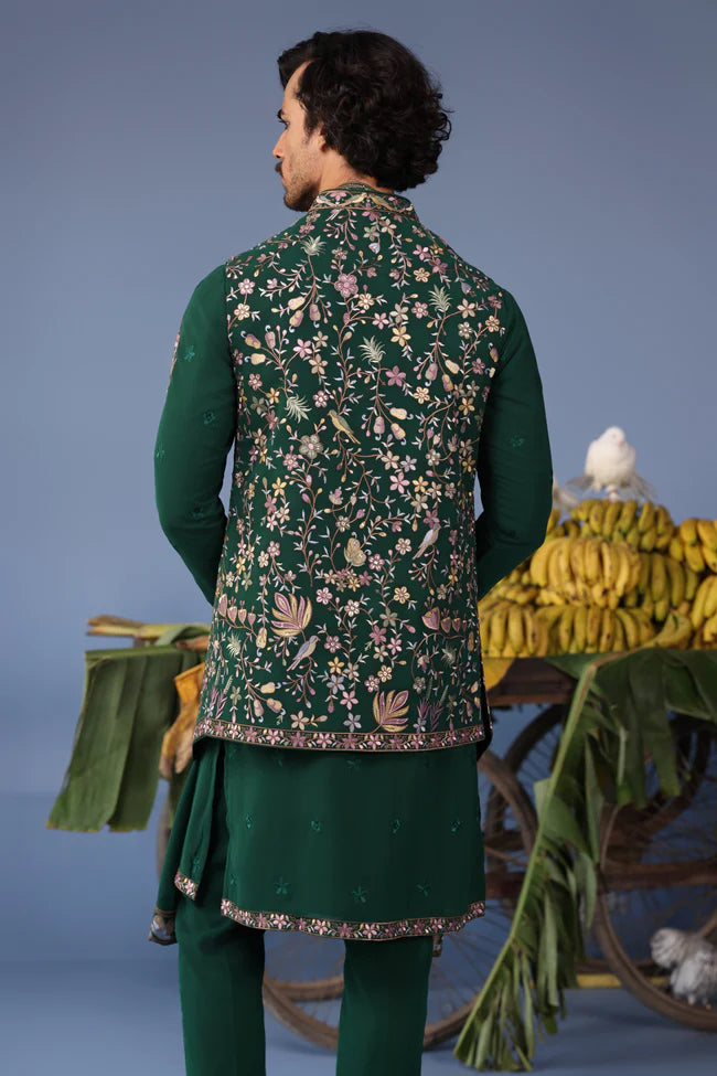 Azlaan Wild Grace Bottle Green Kurta Jacket Set