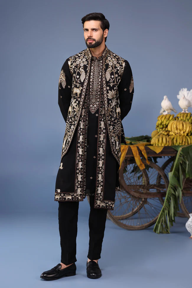 zubir Pichwai Zari Black Kurta Jacket Set