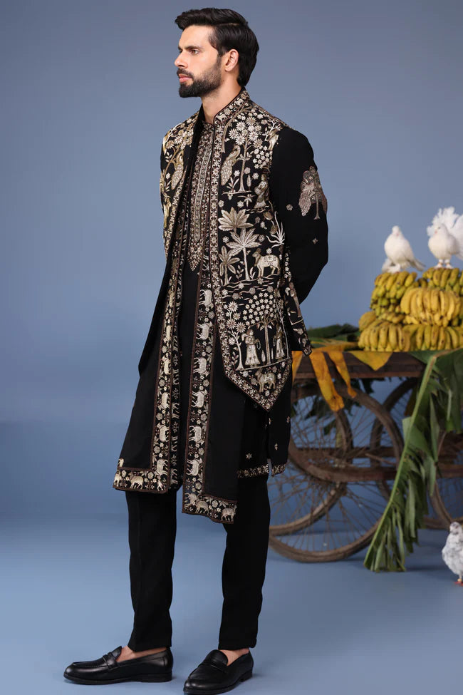 zubir Pichwai Zari Black Kurta Jacket Set