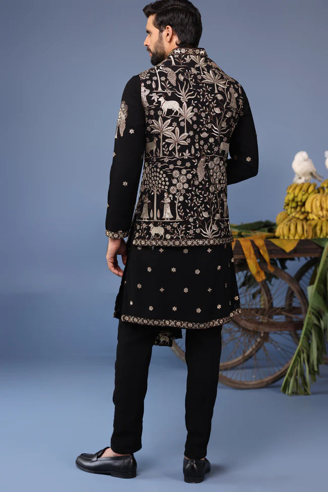 zubir Pichwai Zari Black Kurta Jacket Set