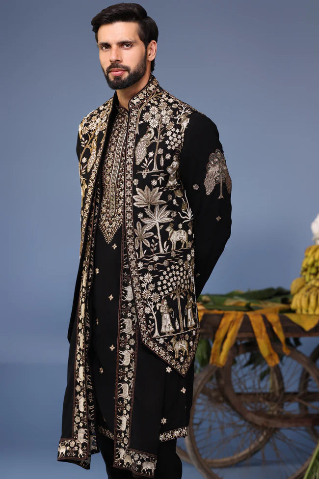 zubir Pichwai Zari Black Kurta Jacket Set