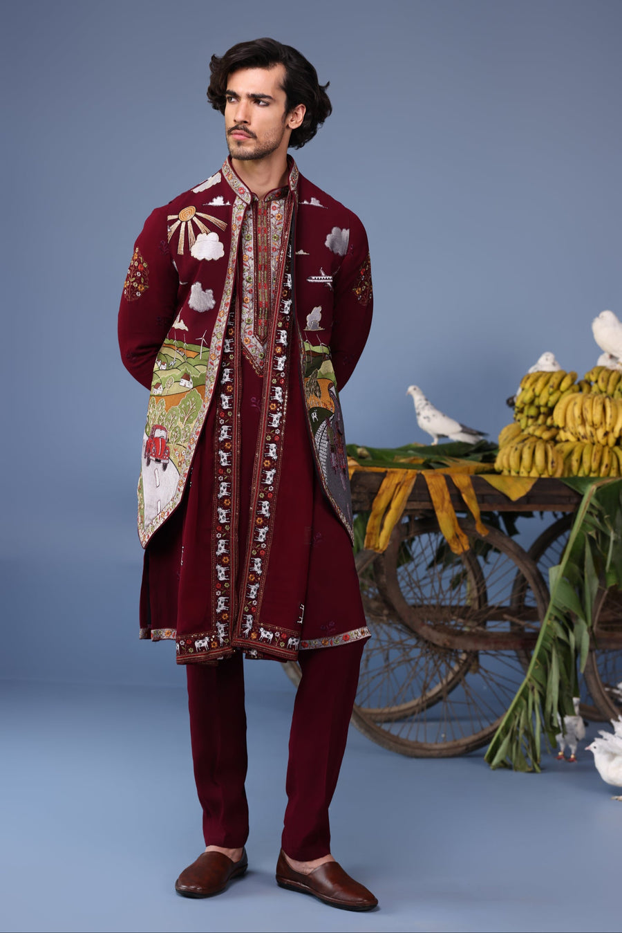 Musaafir Wine Kurta Jacket Set