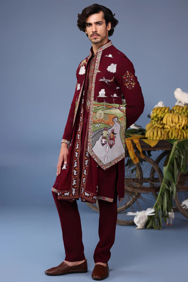 Musaafir Wine Kurta Jacket Set