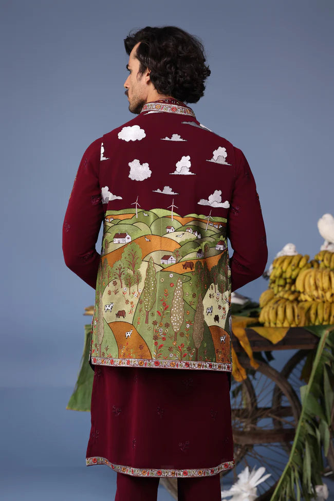 Musaafir Wine Kurta Jacket Set