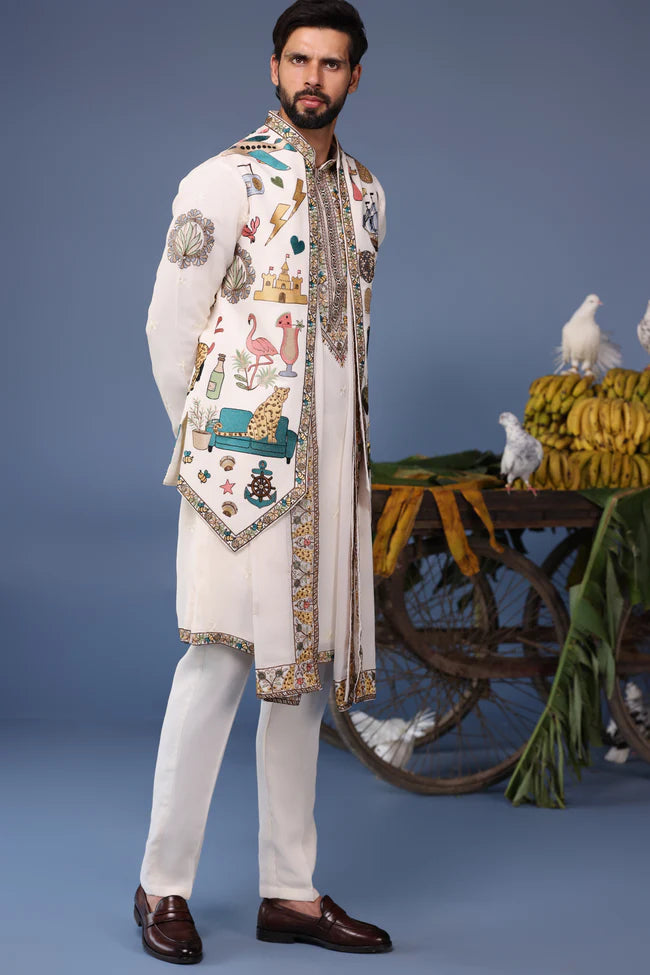 Jihan Cocktail Ivory Kurta Jacket Set