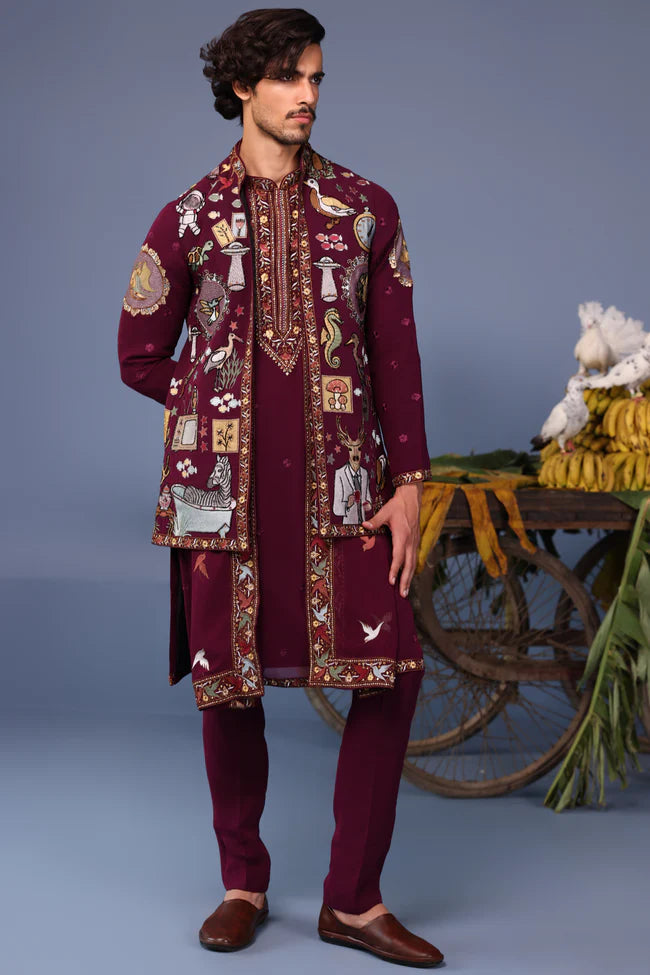Kainaat Wine Kurta Jacket Set