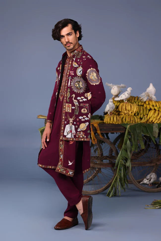 Kainaat Wine Kurta Jacket Set