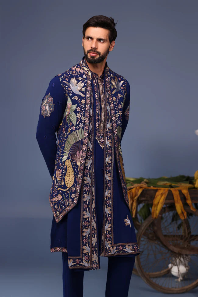 Faiz Wild Grace Navy Blue Kurta Jacket Set