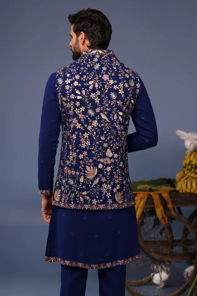 Faiz Wild Grace Navy Blue Kurta Jacket Set