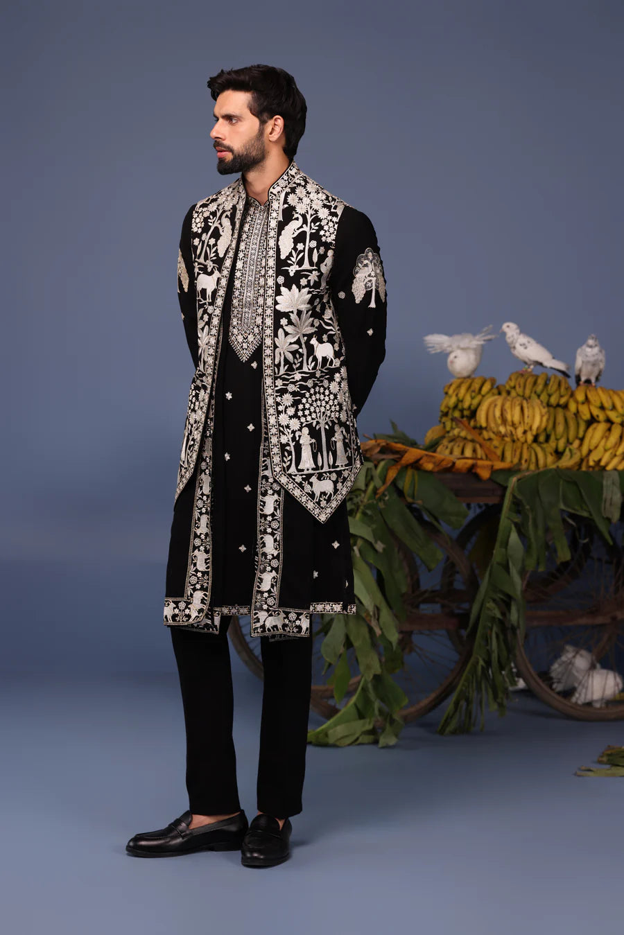 Talha Pichwai Resham Black Kurta Jacket Set