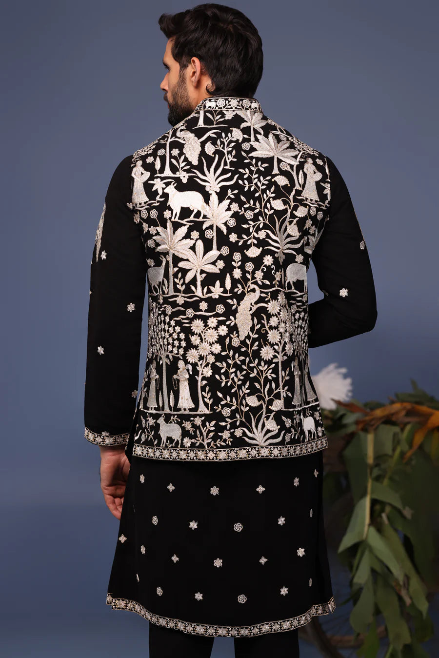 Talha Pichwai Resham Black Kurta Jacket Set
