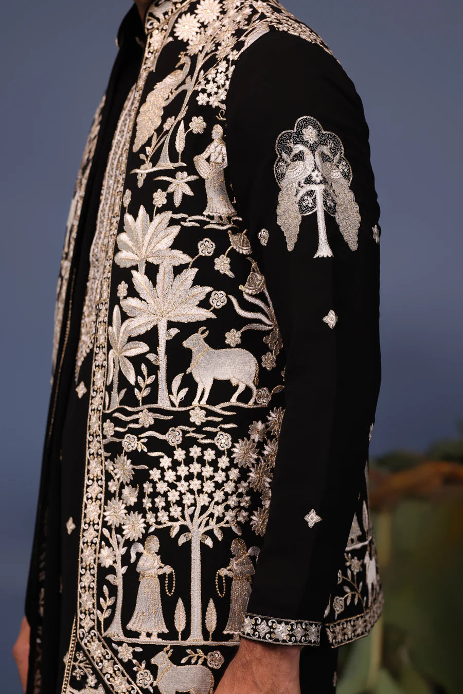 Talha Pichwai Resham Black Kurta Jacket Set