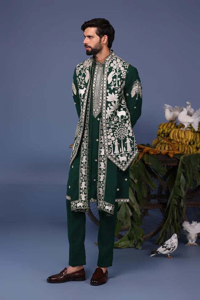 Haiz Pichwai Resham Bottle Green Kurta Jacket Set
