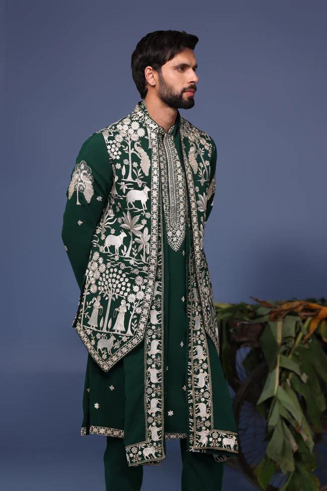 Haiz Pichwai Resham Bottle Green Kurta Jacket Set