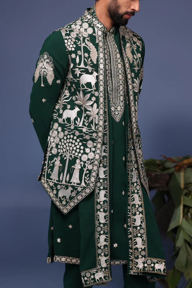 Haiz Pichwai Resham Bottle Green Kurta Jacket Set