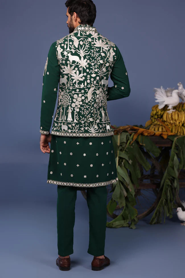 Haiz Pichwai Resham Bottle Green Kurta Jacket Set