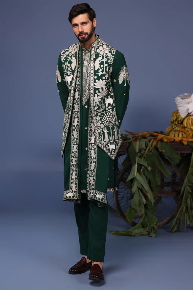Haiz Pichwai Resham Bottle Green Kurta Jacket Set