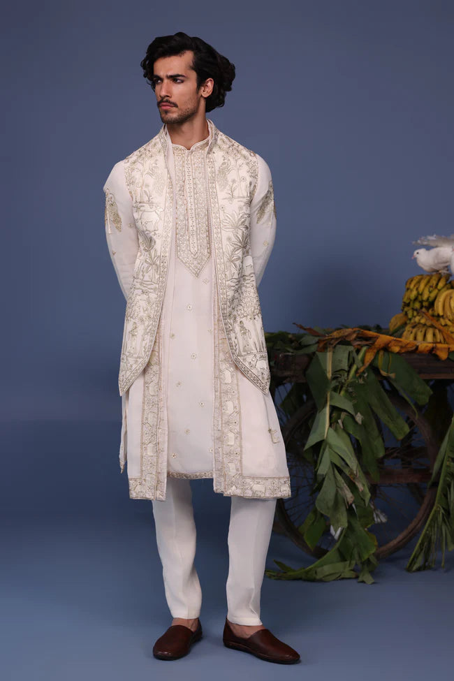 Hayan Pichwai Resham Ivory Kurta Jacket Set