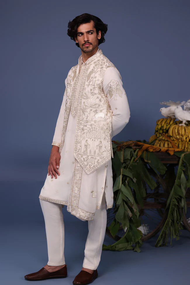 Hayan Pichwai Resham Ivory Kurta Jacket Set