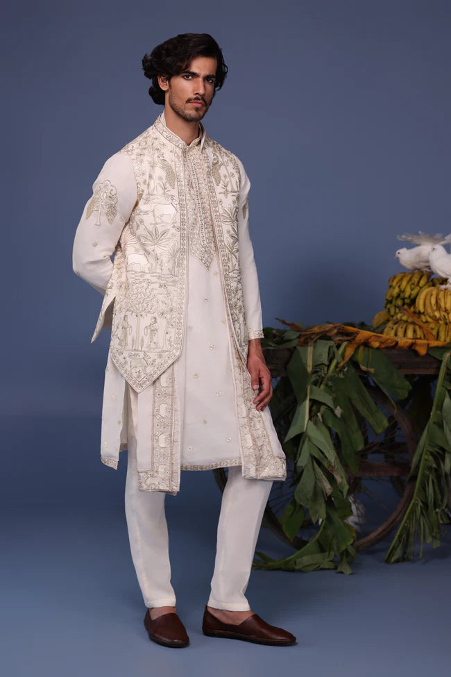 Hayan Pichwai Resham Ivory Kurta Jacket Set