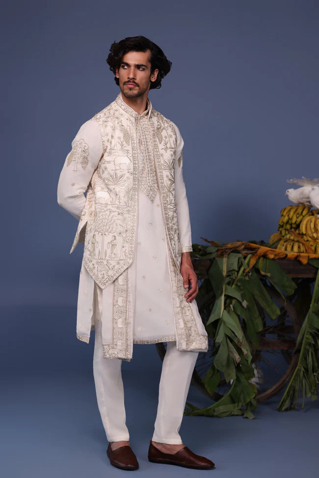 Hayan Pichwai Resham Ivory Kurta Jacket Set