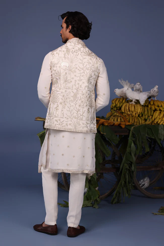 Hayan Pichwai Resham Ivory Kurta Jacket Set
