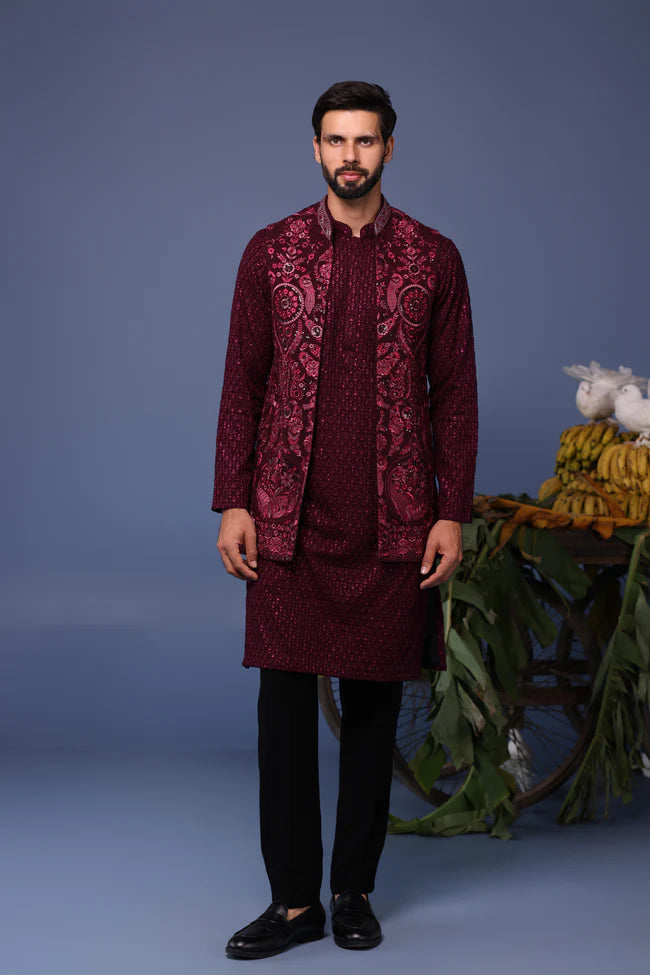 Yasir Wine Kurta Jacket Set