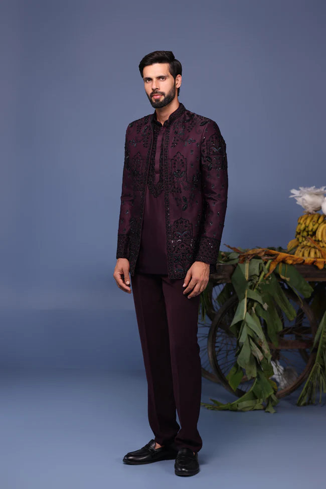 Raafiq Wine Jodhpuri Kurta Set