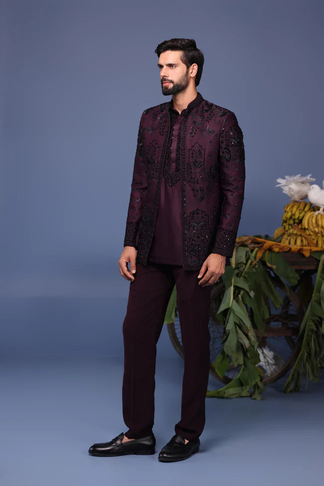 Raafiq Wine Jodhpuri Kurta Set