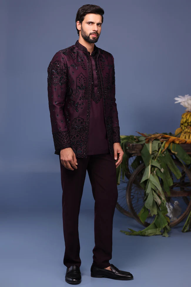 Raafiq Wine Jodhpuri Kurta Set