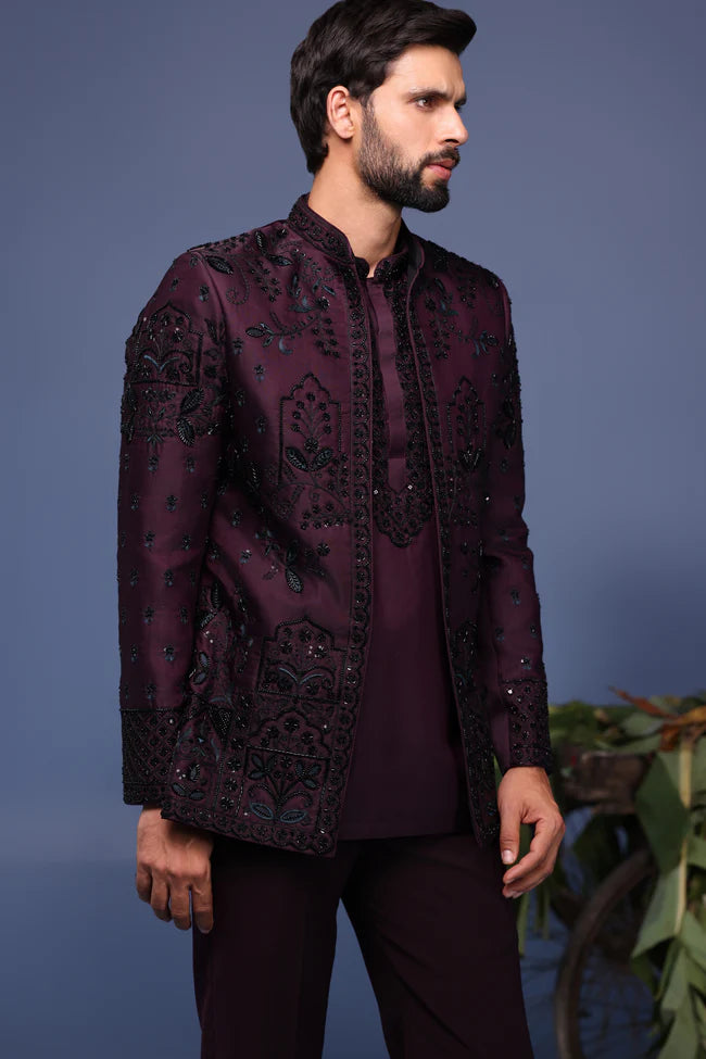 Raafiq Wine Jodhpuri Kurta Set