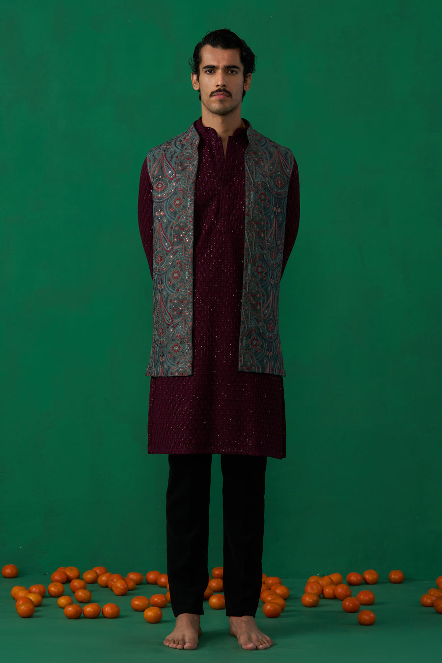 KASHMIRI MEHNDI KURTA JACKET SET