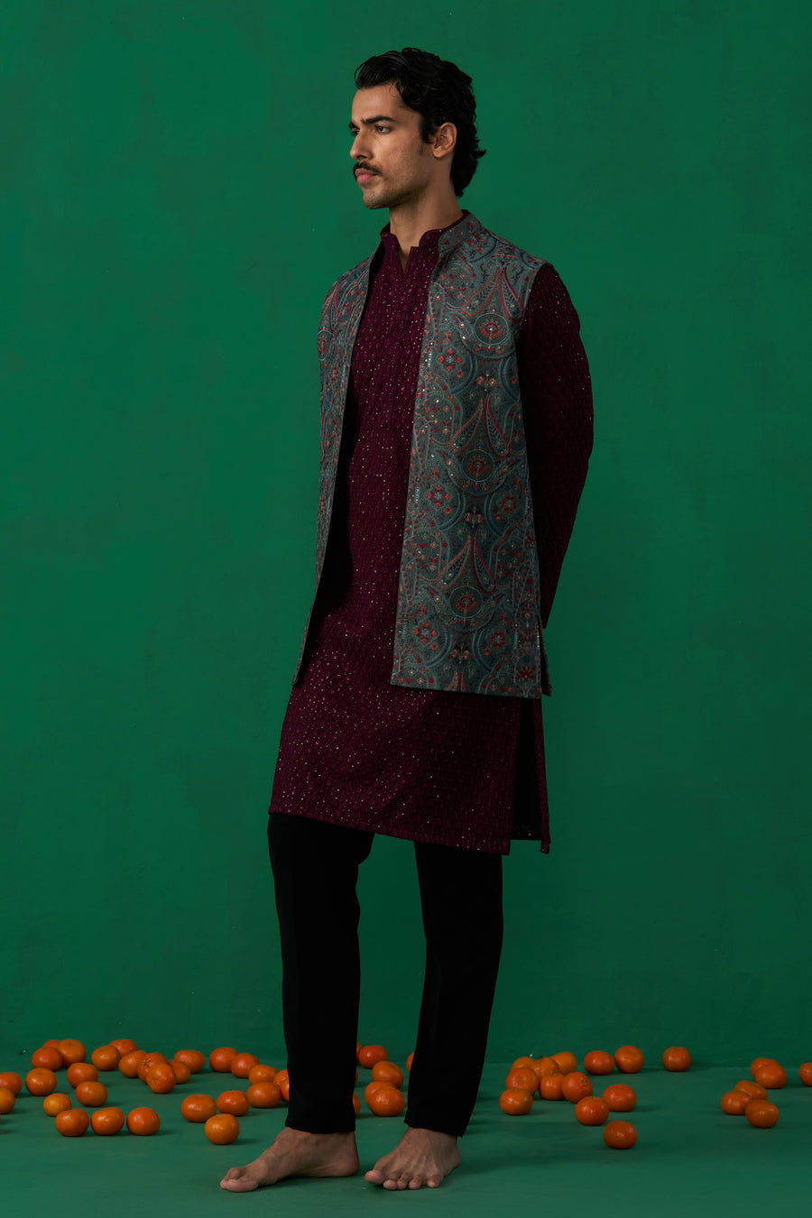 KASHMIRI MEHNDI KURTA JACKET SET