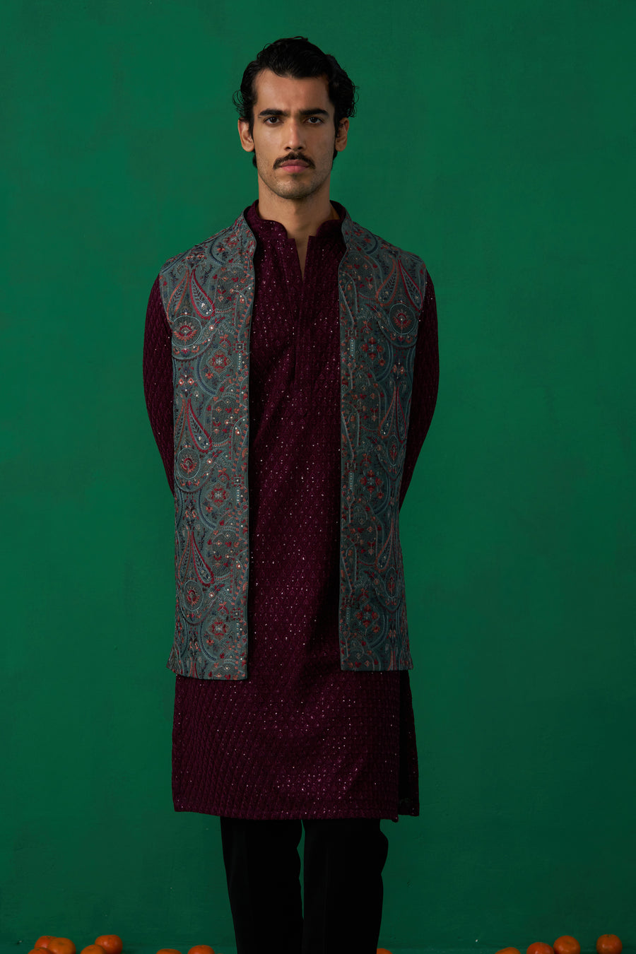 KASHMIRI MEHNDI KURTA JACKET SET