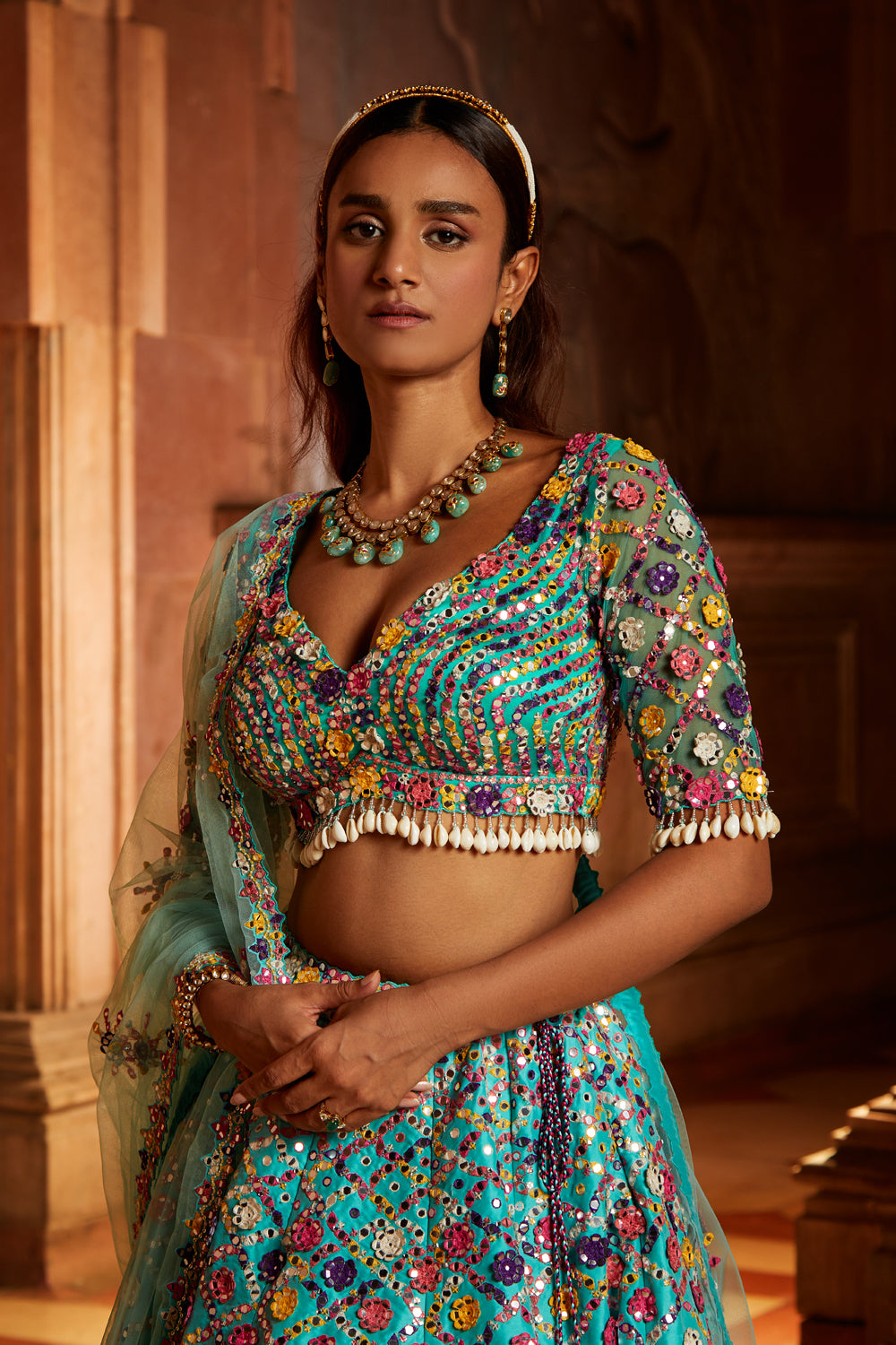 Vibrant Aqua Tafetta Lehenga Choli with Tulle Dupatta