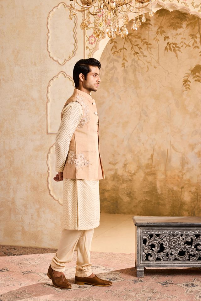 Beige Floral Bundi Jacket Kurta Churidar