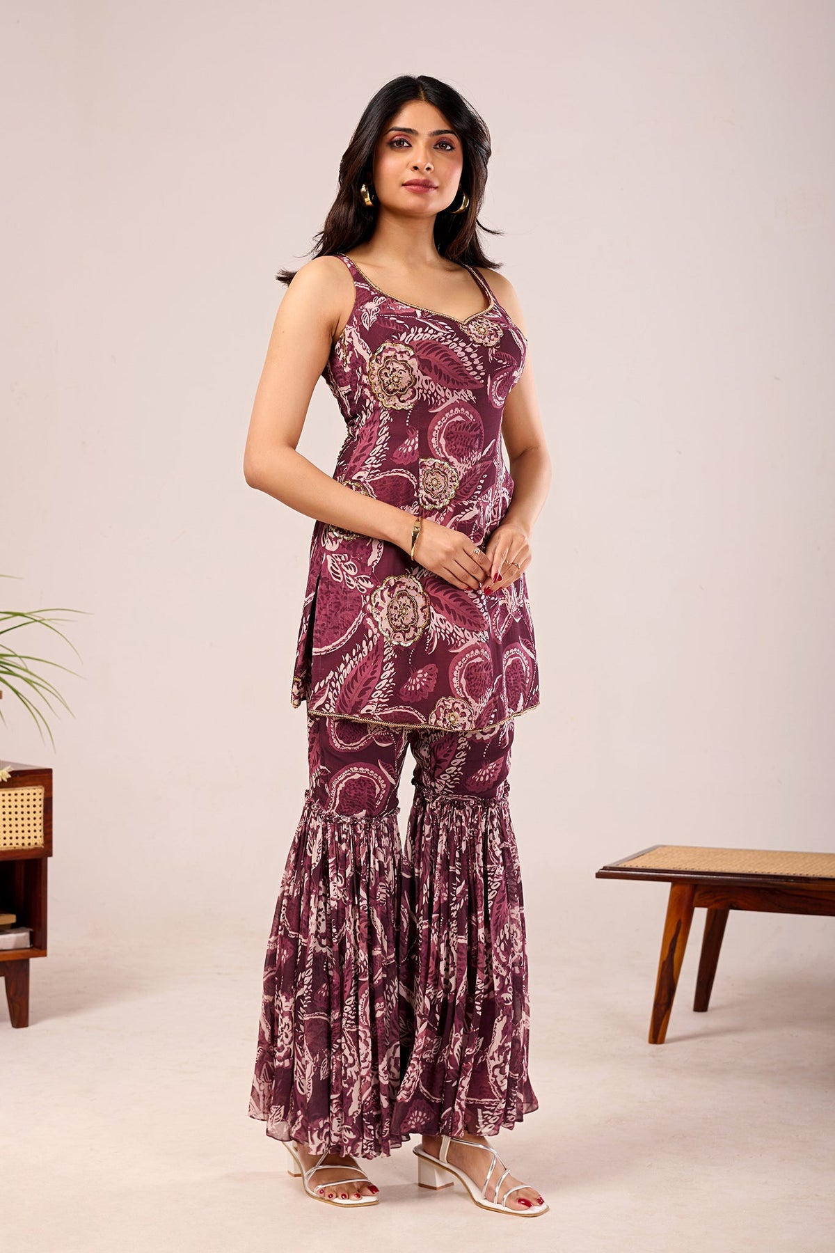 Plum Paisley Printed Sharara Set with Dupatta