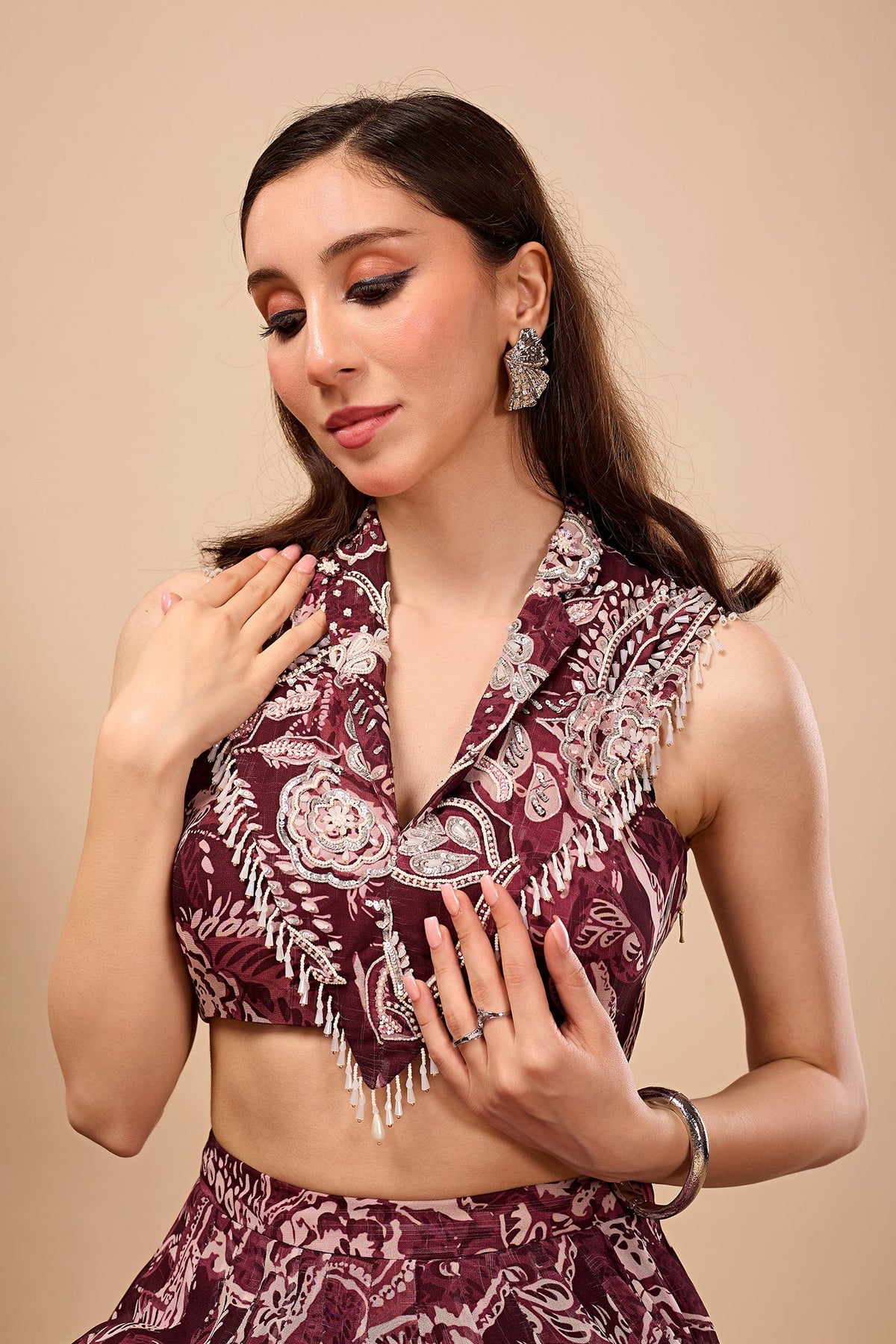 Plum Paisley Printed Indo Western Lehenga Set
