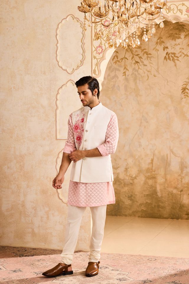 Ivory Floral Bundi Pink Kurta Churidar