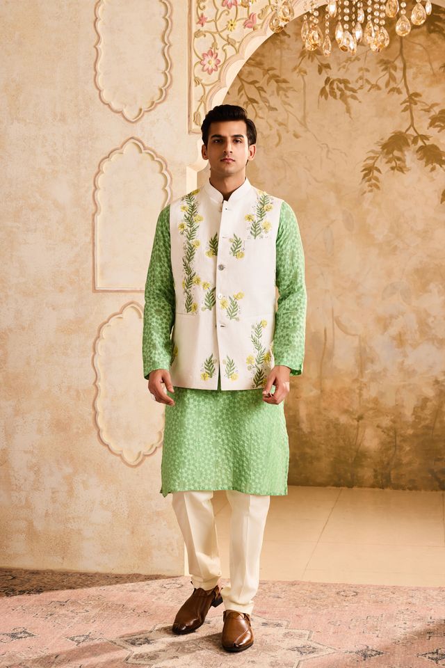 Ivory Bundi Jacket with Jade Kurta Churidar
