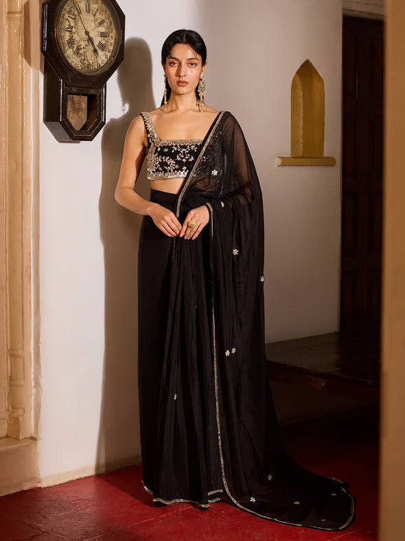 BLACK ONYX DREAPED SAREE SET