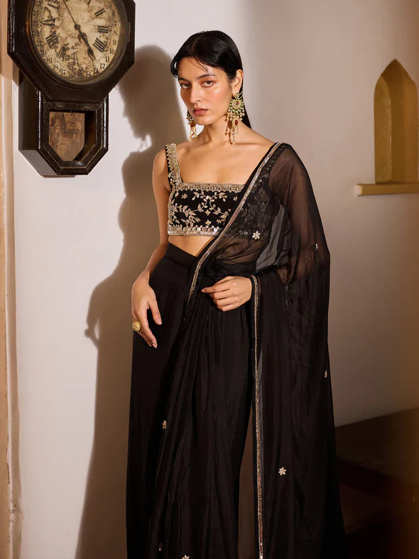 BLACK ONYX DREAPED SAREE SET