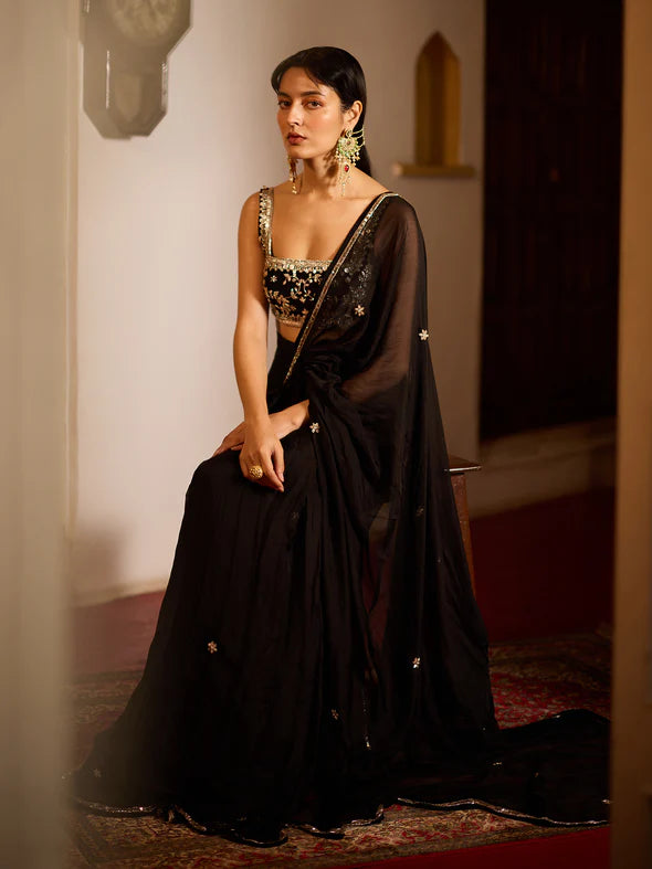 BLACK ONYX DREAPED SAREE SET