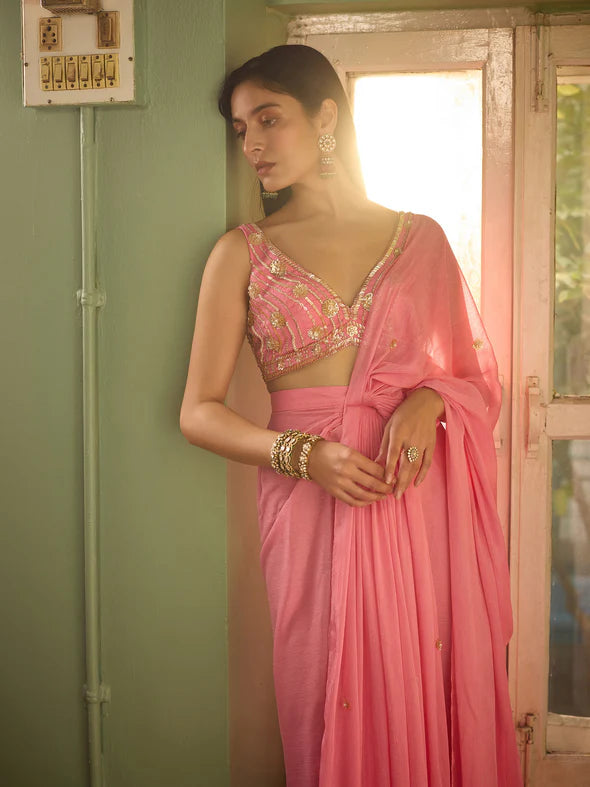 CANDY ROSE DRAPED SAREE SET
