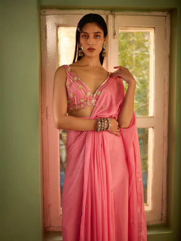 CANDY ROSE DRAPED SAREE SET