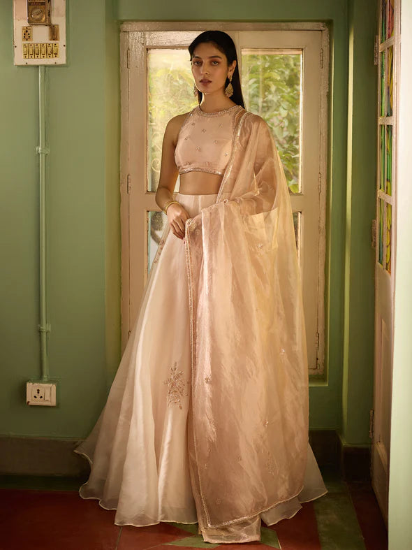 FROSTED BLUSH PINK ORGANZA LEHENGA SET