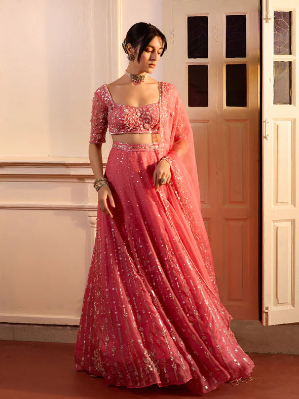ANEMONE ROUGE PINK ORGANZA LEHENGA SET