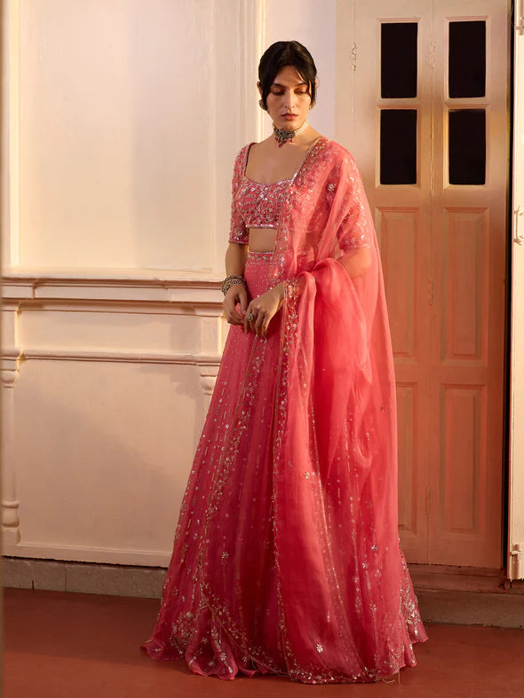 ANEMONE ROUGE PINK ORGANZA LEHENGA SET