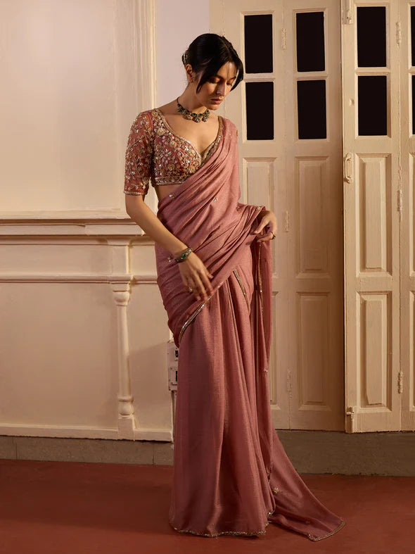 DUSTY ONION PINK DRAPED SAREE SET